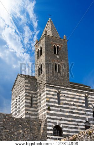 The ancient church of San Pietro (consecrated in 1198) in Portovenere or Porto Venere (UNESCO world heritage site) - La Spezia Liguria Italy