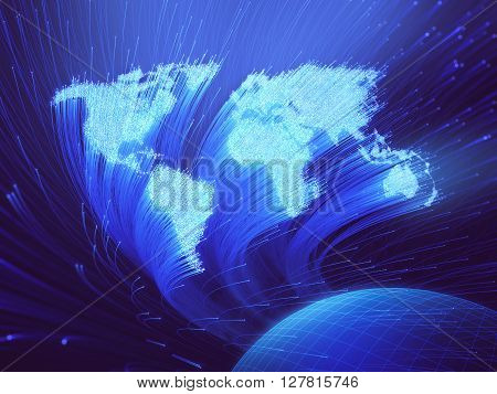 Optical fibers lit in the shape of the world map. 3D image concept of global communication by optical fiber.
