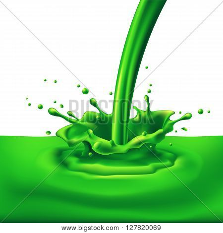 Pouring of green paint with splashes. Bright illustration on white background