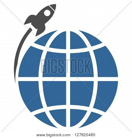 Planet Satellite Launch vector icon. Style is bicolor flat icon symbol, cobalt and gray colors, white background.
