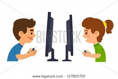 Cartoon boy and girl playing video games together. Vector illustration.