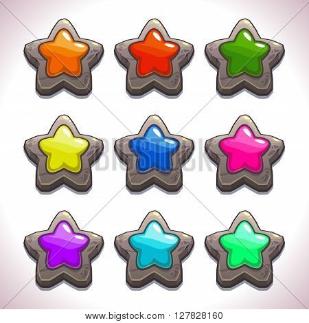 Cartoon stone stars with colorful middles set, vector game or web design elements, GUI assets, abstract star symbol icons, star object for game UI