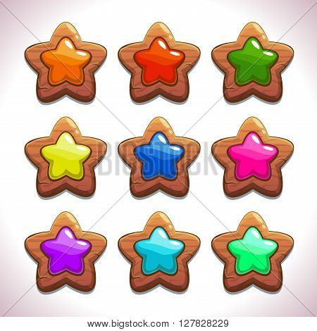 Cartoon wooden stars with colorful middles set, vector game or web design elements, GUI assets, abstract star symbol icons, star object for game UI