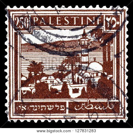 PALESTINE - CIRCA 1927 : Postage stamp printed by Palestine, that shows official stamp with Tiberias and the Sea of Galilea.