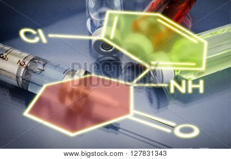 Injections and Syringe Chemical formula, healthcare concept