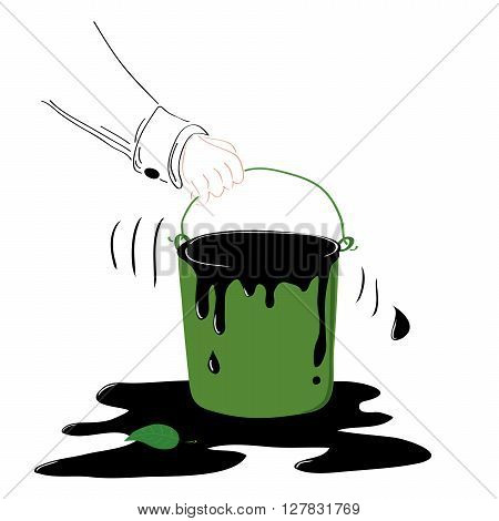 a bucket of oil in the man's hand and a small green leaf