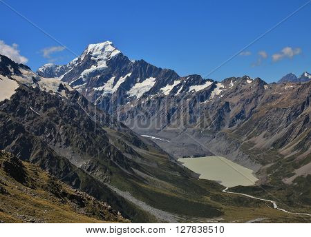 View of Mount Cook. Glacier lake. Beautiful scenery on the way to the Mueller Hut trekking destination.