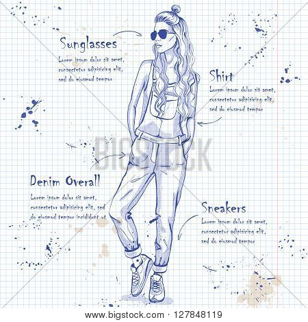 Trendy look on a notebook page. Glamor stylish beautiful young woman model.