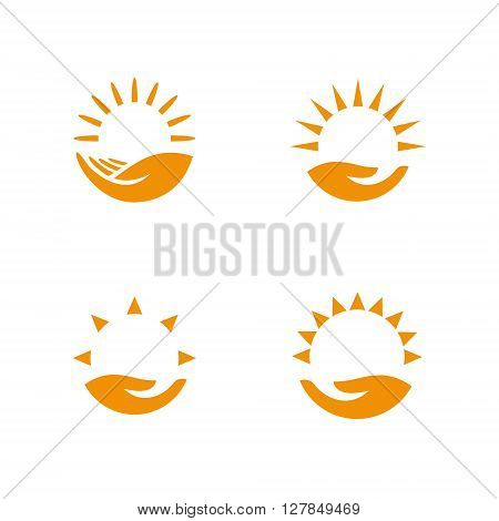 Weather logo set. Hand holding the sun. Vector