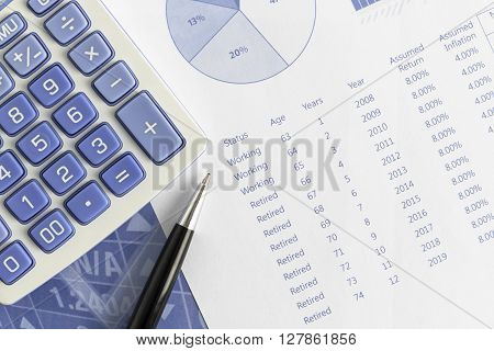 There are retirement projections according to return and annual inflation with pen and calculator