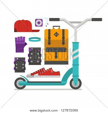 Roller scooter equipment set. Kickbike lifestyle elements. Balance bike wheel and scootering accessories. Protection backpack cap boots music player and wristband. City outdoor activity essentials