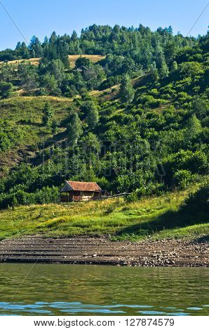 Camping area at river Uvac gorge at sunny summer morning, southwest Serbia