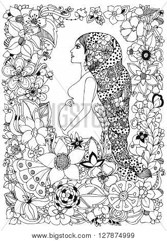 Vector illustration zentangl pregnant woman in a flower frame doodle zenart flowers. Adult coloring book.