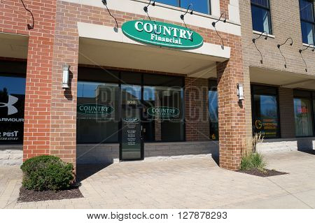 PLAINFIELD, ILLINOIS / UNITED STATES - SEPTEMBER 20, 2015: Country Financial offers insurance and financial services in the Town Square on Lockport Street in Plainfield.