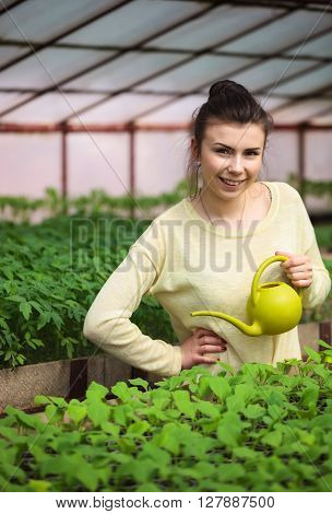 Young Farmer Girl Watering Green Seedlings In Greenhouse