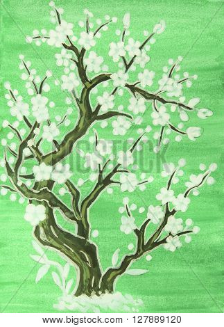 White tree in blossom in traditions of old Chinese art painting gouache on watercolor background.