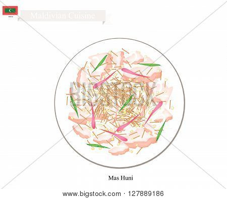 Maldivian Cuisine Illustration of Mas Huni or Traditional Shredded Coconut with Tuna Onions and Chili. One of The Most Popular Dish in Maldives.