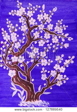 White tree in blossom in traditions of old Chinese art painting gouache on watercolor background.