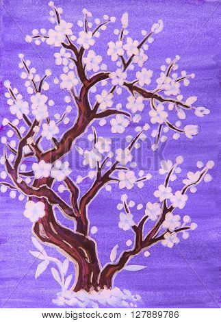 White tree in blossom in traditions of old Chinese art painting gouache on watercolor background.