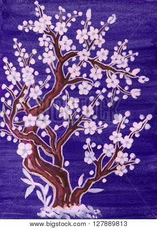 White tree in blossom in traditions of old Chinese art painting gouache on watercolor background.