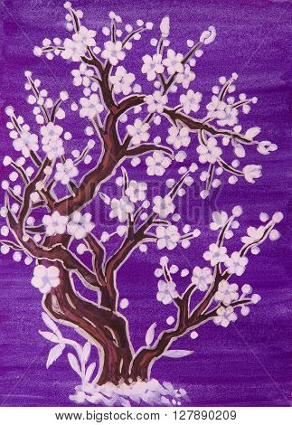 White tree in blossom in traditions of old Chinese art painting gouache on watercolor background.