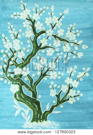 White tree in blossom in traditions of old Chinese art painting gouache on watercolor background.