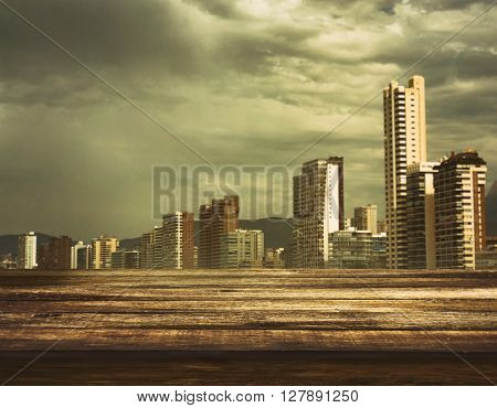 Tabletop with cityscape. City with table. Empty display