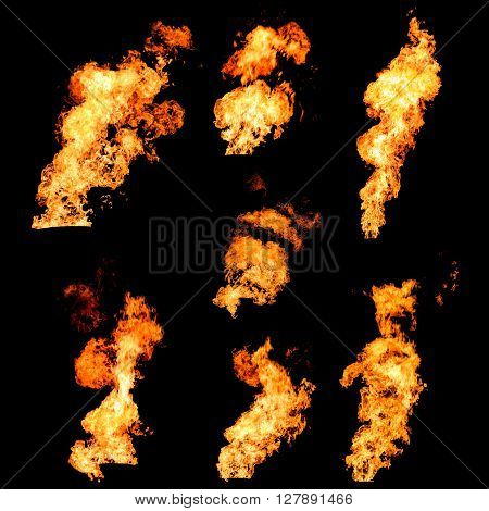 Raging fire tongues and spurts of flame texture photo set isolated on black background