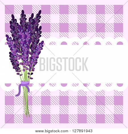 Bunch of lavender flowers on frill white banner and violet plaid tartan backdrop. Rustic provence style.