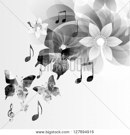 Music notes background with butterfly. Vector illustration