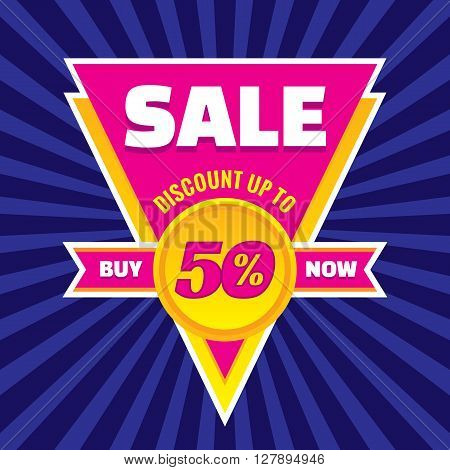 Sale discount up to 50% vector banner concept illustration. Buy now. Sale vector layout. Sale triangle badge with ribbon. Discount sticker.