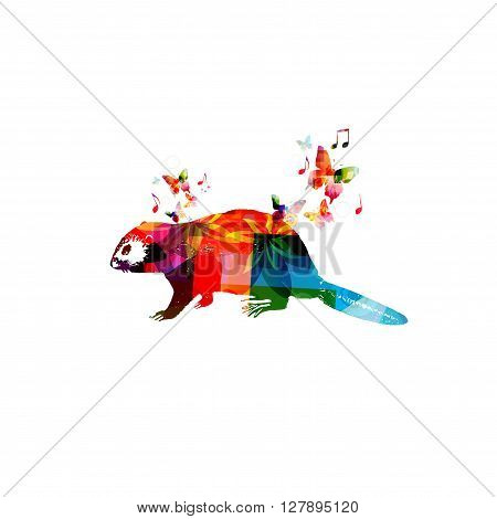 Vector illustration of colorful beaver with butterflies