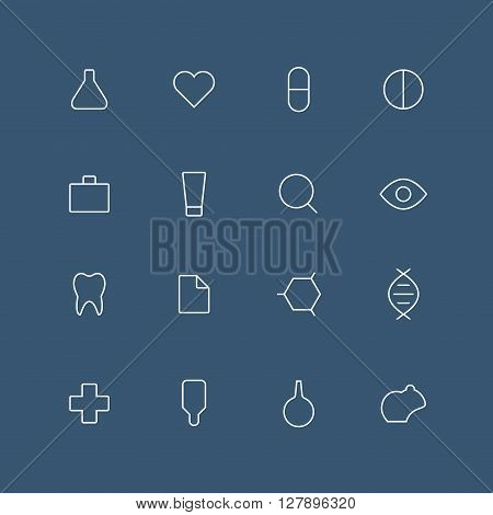 Medical and laboratory thin outline icon set with rounded corners - different symbols on the dark background