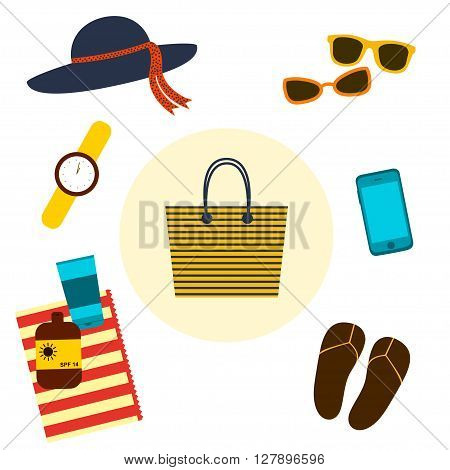 Beach bag. Vector illustration. Beach bag with beach accessories. Striped big beach bag. Flat design