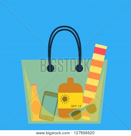 Beach bag. Vector illustration. Beach bag with beach accessories. Yellow big beach bag. Flat design