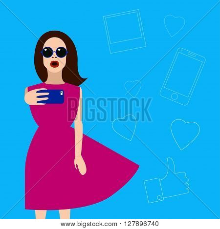 Selfie girl. Vector illustration. Beautiful young girl makes a selfie. Selfie girl trend. Flat design. Selfie photos in social networks