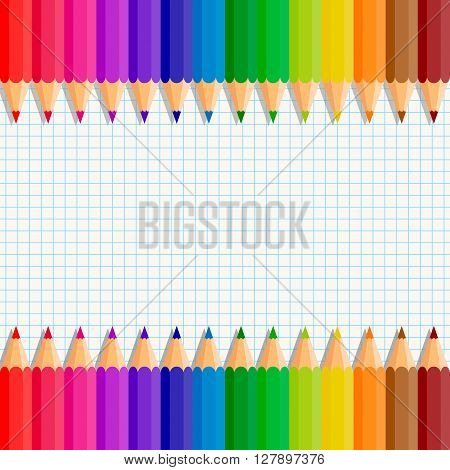 Colored pencils on background tetradic sheet. Vector image. Empty place for Your text in the center.