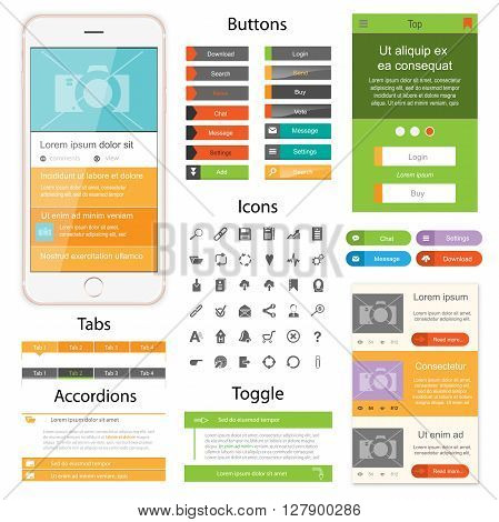 Web design elements for website or app. Collection of icons, buttons with tabs and toogles for website. Design for application.