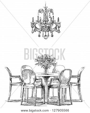Contemporary modern interior hand drawing vector illustration.