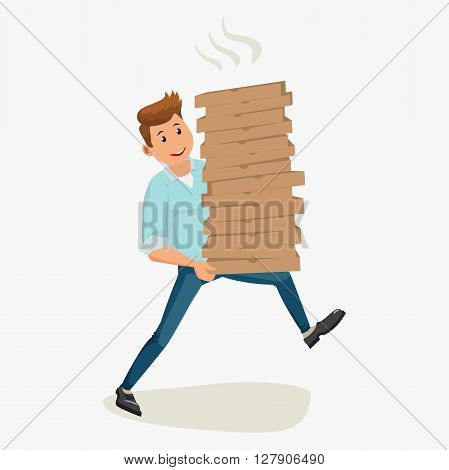 Pizza delivery man holding cardboard boxes. Vector cartoon illustration isolated on white background