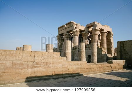 landmark ruins Temple of Kom Ombo Egyptian monument from 180 to 47 B.C. in Ptolemaic dynasty with columns reliefs carving images and hieroglyphs in Aswan Egypt Africa
