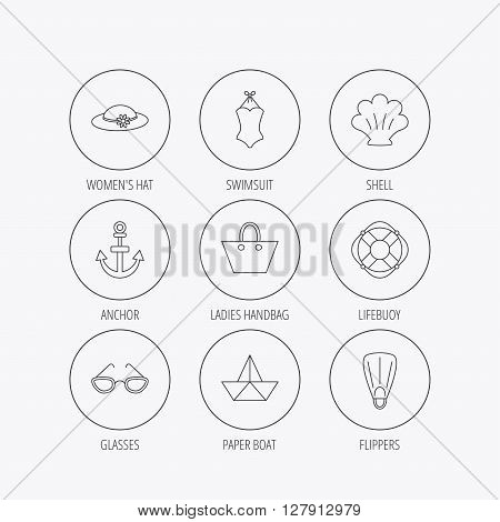 Paper boat, shell and swimsuit icons. Lifebuoy, glases and women hat linear signs. Anchor, ladies handbag icons. Linear colored in circle edge icons.