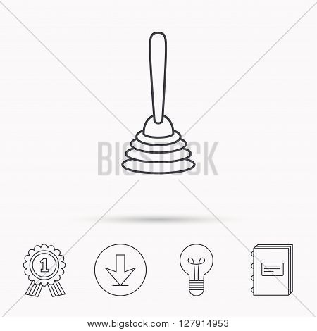 Plunger icon. Toilet cleaning tool sign. Download arrow, lamp, learn book and award medal icons.