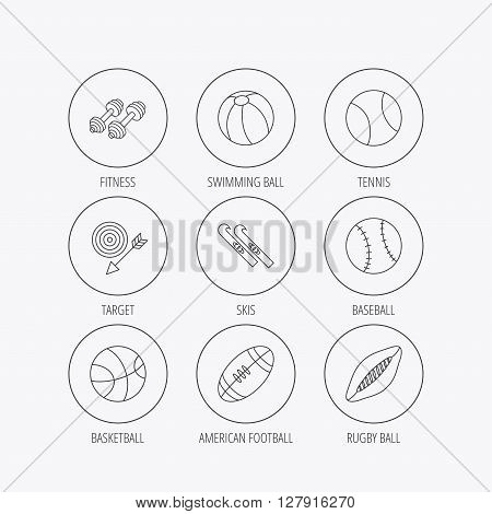 Sport fitness, tennis and basketball icons. Baseball, skis and American footmal signs. Rugby, swimming or pilates ball icons. Linear colored in circle edge icons.
