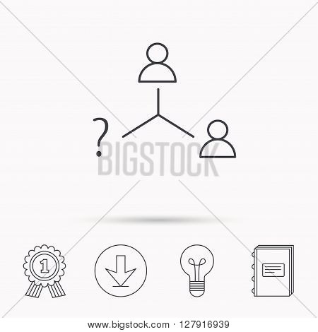 Vacancy or hire job icon. Teamwork sign. Question mark symbol. Download arrow, lamp, learn book and award medal icons.