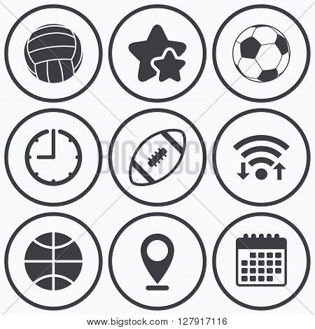 Clock, wifi and stars icons. Sport balls icons. Volleyball, Basketball, Soccer and American football signs. Team sport games. Calendar symbol.