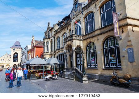 Valkenburg Netherlands - April 11 2016: city view with restaurants and unidentified people in the old town of Valkenburg. Valkenburg aan de Geul in the province Limburg is a popular tourist destination