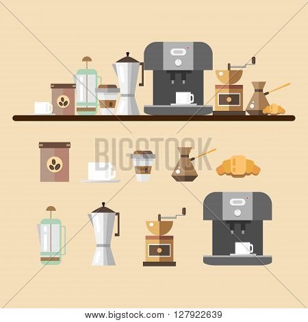 Set of coffee devices in flat style. Coffee icons - vector illustration. Set for coffee shop. Device for making coffee.