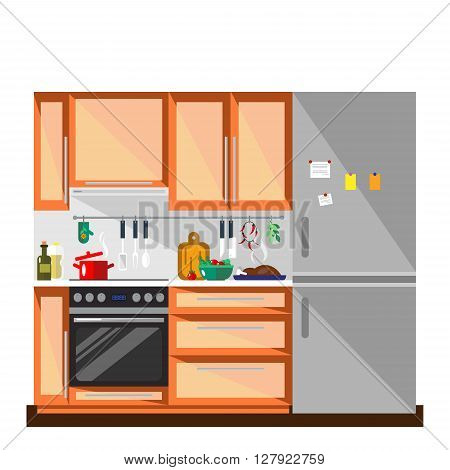 Kitchen in flat style - vector illustration. Colorful kitchen and furniture interior. Home kitchen interior design.