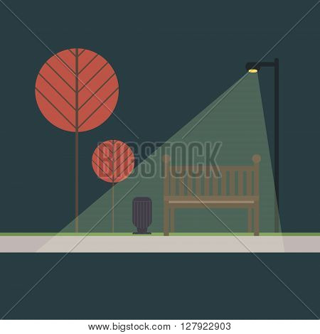 Bench under a tree in the park. Night Park. The light from the lantern. Flat style vector illustration. Modern flat design concepts for web banners, web sites, printed materials, infographics, games.